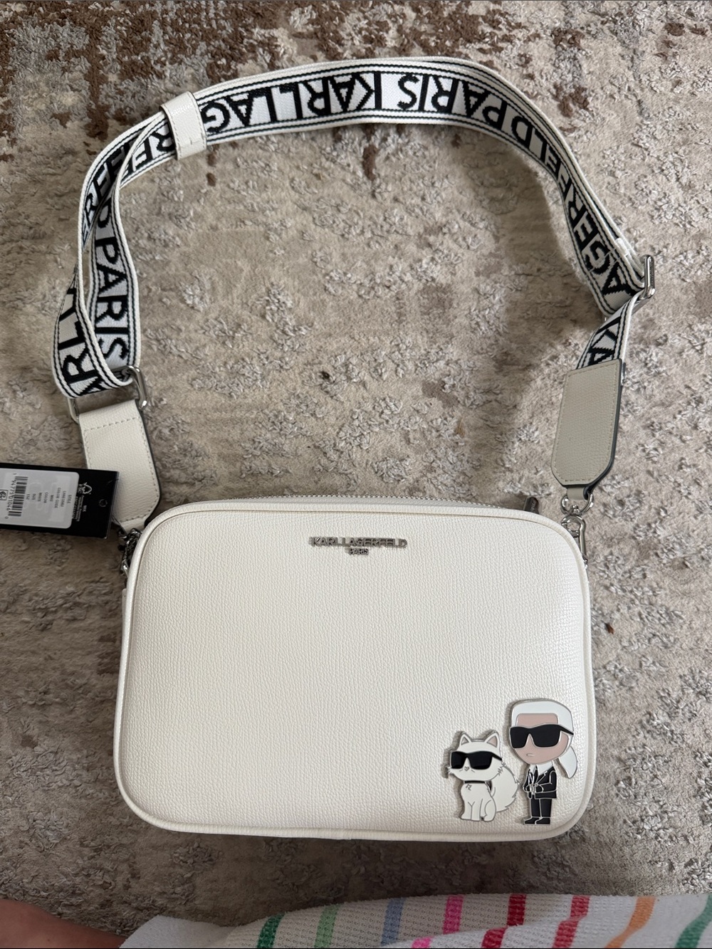 Karl Lagerfeld White Pebbled Leather Crossbody with Logo Strap